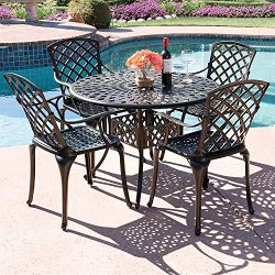 Kinger Home 5-Piece Cast Aluminum Patio Dining Set w/ 4 Chairs, Umbrella Hole, Lattice Weave Des ...