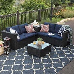 4 Piece Patio Sectional Furniture Outdoor Sofa Set with Cushion Box Storage – Navy Blue