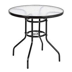 VINGLI Outdoor Dining Table, 32″ Round Patio Bistro Tempered Glass Table Top with Umbrella ...