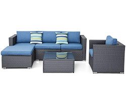 SUNCROWN Outdoor Furniture Sectional Sofa and Chair (6-Piece Set) All-Weather Checkered Wicker w ...