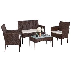 Walsunny 4 Pieces Outdoor Patio Furniture Sets Rattan Chair Brown Wicker Set,Outdoor Indoor Use  ...
