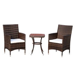 Outsunny 3 Piece Rattan Bistro Table Chairs Set Outdoor Cushioned – Brown