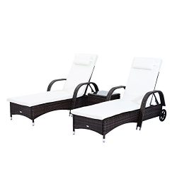 Outsunny 3 Piece Rattan Wicker Adjustable Chaise Lounge Chair with Wheels Set – Brown/White