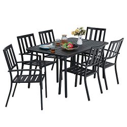 MF Studio 7-Piece Metal Outdoor Patio Dining Bistro Set with 6 Striped Armrest Chairs and Steel  ...