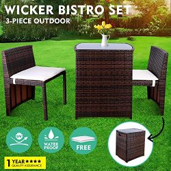 GARTIO 3PCS Wicker Bistro Set, Outdoor Garden Lawn Sofa Furniture, with Glass Top Table and 2 Cu ...