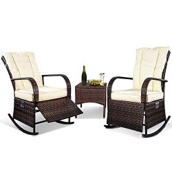 3 Piece Patio Furniture Set Wicker Rattan Outdoor Rocking Conversation Set with 2 Cushioned Chai ...