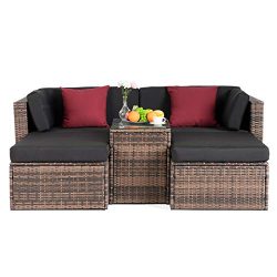 mecor 5PC Wicker Patio Furniture Set, Outdoor Furniture Sectional Cushioned Sofa Set &Glass  ...