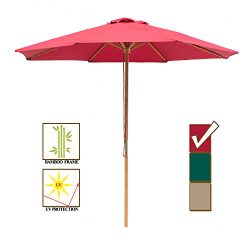 SUNBRANO 9ft Bamboo Outdoor Patio Umbrella Market Backyard Table Umbrella Pulley Lift, 8 Ribs, Red