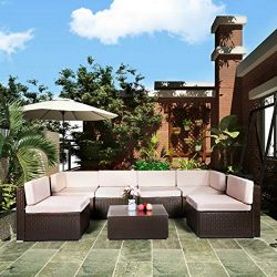 U-MAX 7 Piece Patio PE Rattan Wicker Sofa Set Outdoor Sectional Furniture Chair Set with Cushion ...