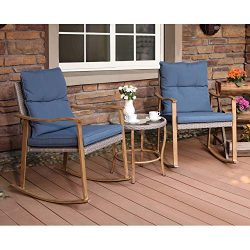 COSIEST 3-Piece Outdoor Patio Furniture Faux Woodgrain Rocking Chairs Seat 18″ H w Cobalt  ...