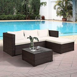 Hooseng 3-Piece Patio Furniture Sets Outdoor Wicker Sofa Rattan Sectional Conversation with Coff ...