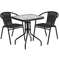 Flash Furniture 23.5” Square Glass Metal Table with 2 Black Rattan Stack Chairs