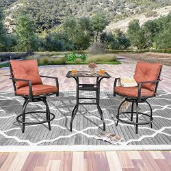 LOKATSE HOME Patio Bar Height Set with 2 Outdoor Swivel Chairs and 1 High Glass Top Table, Red C ...