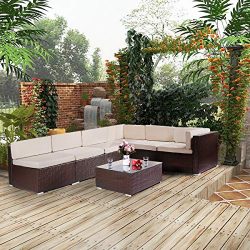 Esright 7 Pieces Patio PE Rattan Wicker Sofa Sectional Furniture Wicker Chair Conversation Set w ...