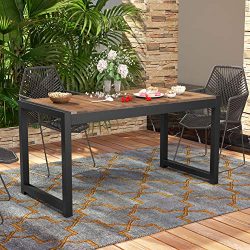 Tribesigns Solid Wood Dining Table, Outdoor Patio Dining Table Furniture with Metal Frame Perfec ...