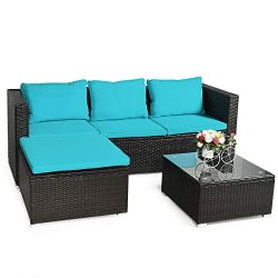 Tangkula 4-PCS Rattan Patio Conversation Set, Outdoor Wicker Sofa Set Furniture Set, Washable Se ...