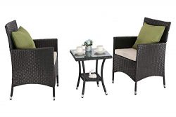 M&S 3 PCS Outdoor Patio Bistro Sets Chairs Rattan Wicker Cushions with Table Porch Garden (B ...