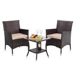 HTTH 3 Pieces Patio Porch Furniture Sets PE Rattan Wicker Chairs Washable Cushion with Tempered  ...