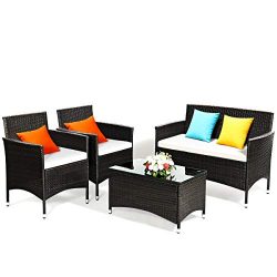 Tangkula 4PC Rattan Patio Furniture Set，Outdoor Sofa Table Set with Cushion, Outdoor Indoor Use ...