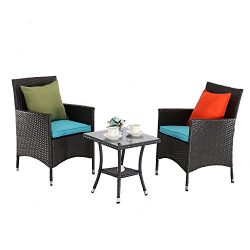 M&S 3 PCS Outdoor Patio Bistro Sets Chairs Rattan Wicker Cushions with Table Porch Garden (E ...