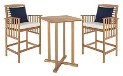 Safavieh PAT7043A Outdoor Collection Pate Teak and White 3 Pc 39.8″ Bar Table Bistro Set,  ...