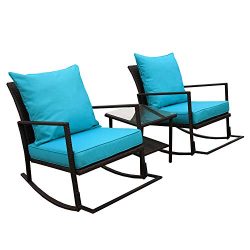 VALITA 3 PCS Outdoor Patio PE Rattan Furniture Rocking Conversation Set End Table with Glass Top ...