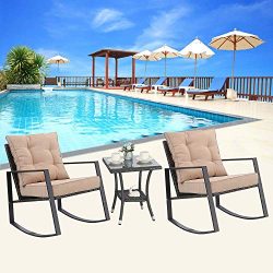 M&S 3 Pieces Rocking Chair Outdoor Patio Bistro Sets Rattan Wicker with Thick Cushions and C ...