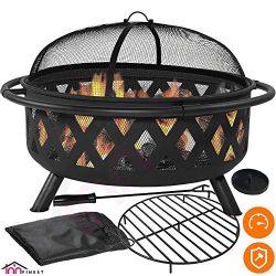 Outdoor Fire Pit Set – Large Bonfire Wood Burning Firepit Bowl – Spark Screen Cover, ...