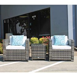 Patiorama Patio Porch Furniture Sets 3 Pieces PE Rattan Grey Wicker Chairs White Cushion with Ta ...