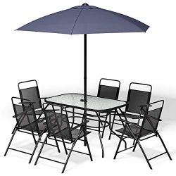 Giantex 8PCS Patio Garden Set Furniture 6 Folding Chairs Table with Umbrella Gray New