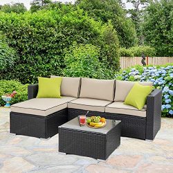 Walsunny Outdoor Rattan Sectional Sofa- Patio Wicker Furniture Set (Khaki with Black Side)