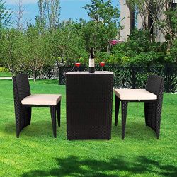 VEIKOU 3 PCS Outdoor Wicker Patio Set, Rattan Convention Bistro Set with Glass Top Table Cushion ...