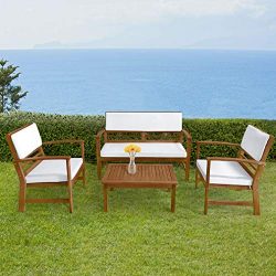 FDW Patio Sofa Outdoor Set 4-Piece, Acacia Wood Outdoor Seating Set with Water Resistant Cushion ...