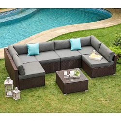 COSIEST 7-Piece Outdoor Patio Furniture Chocolate Brown Wicker Executive Sectional Sofa w Dark G ...