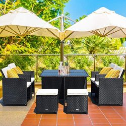 Tangkula 9 Pieces Patio Dining Sets, Outdoor Wicker Rattan Sofas and Tempered Glass Table Sectio ...