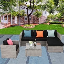 Furnimy 6 Pieces Outdoor Patio Conversation Set Wicker Sofa Gray Rattan with Glass Top Table and ...