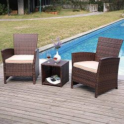 SUNSITT 3-Piece Wicker Outdoor Bistro Table Set with Beige Cushions, Brown Rattan