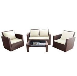 Panana Rattan Patio Furniture Set 4 Pieces Wicker Garden Table and Chairs Sofa Conversation Outd ...