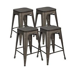 Bonzy Home Metal Bar Stools Set of 4, 24 inches Indoor Outdoor Bar Stools with Wood Seat, High B ...