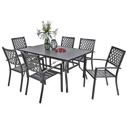 PHI VILLA Metal Outdoor Patio 60 inch Rectangular Dining Table and Chairs Set of 7- Black