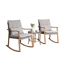 COSIEST 3-Piece Outdoor Patio Furniture Faux Woodgrain Rocking Chairs Seat 18″ H w Warm Gr ...