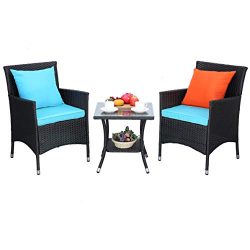 Do4U Outdoor Furniture Sets 3 Pieces Patio Wicker Bistro Set with Coffee Table Garden Lawn Dinin ...