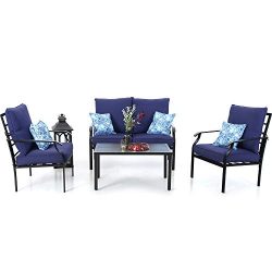 PHI VILLA Metal 4 Piece Outdoor Patio Furniture Padded Conversation Set with 1 Loveseat, 2 Chair ...