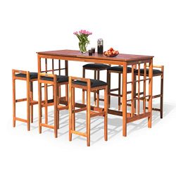 Tangkula 7-PCS Patio Bar Set, Outdoor Wooden Dining Table Set with 6 stools, Space Saving Conver ...