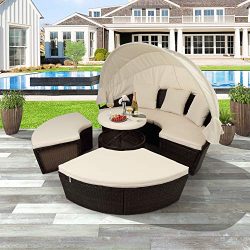 LZ LEISURE ZONE Outdoor Patio Furniture Sets, All-Weather PE Rattan Wicker Round Daybed Sectiona ...