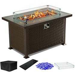 PIEDLE Outdoor Propane Gas Fire Pit Table,44-inch 50,000 BTU Patio Fire Table, Black Tempered Ta ...