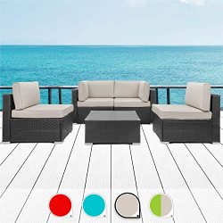 Walsunny 5pcs Patio Outdoor Furniture Sets,Low Back All-Weather Rattan Sectional Sofa with Tea T ...