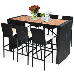 Tangkula 7 PCS Outdoor Dining Set, Patio Wicker Furniture Set with Acacia Wood Table Top and Rem ...