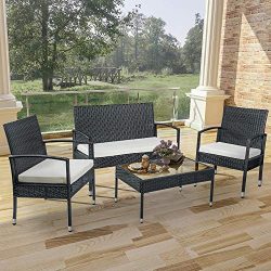 Merax 4 PC Rattan Patio Furniture Set Wicker Conversation Set Garden Lawn Outdoor Sofa Set Cushi ...