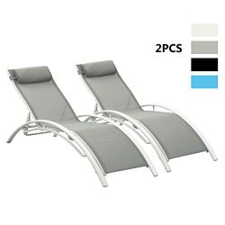 PCAFRS Adjustable Chaise Lounge Chair with Headrest, Set of 2 Aluminum for Sunbathing On Outdoor ...